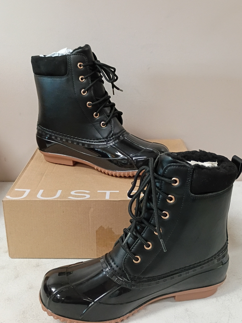 JustFab Black Lace-Up Insulated Waterproof Boots with Tan Sole